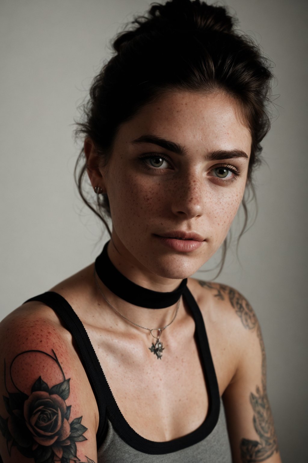 photo, rule of thirds, dramatic lighting, medium hair, detailed face, detailed nose, woman wearing tank top, freckles, collar or choker, smirk, tattoo, intricate background
,realism,realistic,raw,analog,woman,portrait,photorealistic,analog,realism