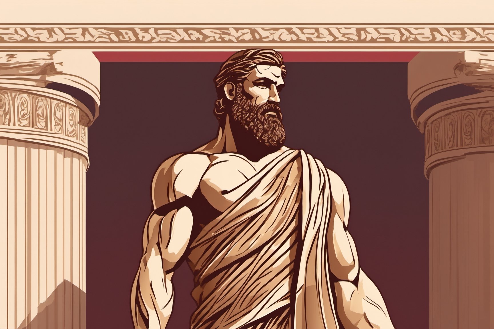 A detailed statue of a muscular bearded man, full body, stoicism, ancient Greek style. The statue's clothing drapes elegantly over one shoulder, smoke in the background, gold and garnet vector art, garnet shadow, dramatic, cinematic