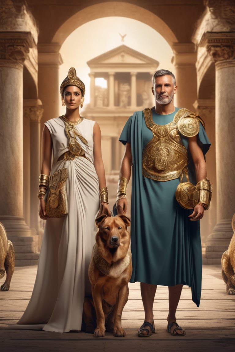 wealthy couple with exotic pet , ancient Rome, character design, smooth, detailed face, highly detailed, symmetrical, ambient light, real-time, uhd,