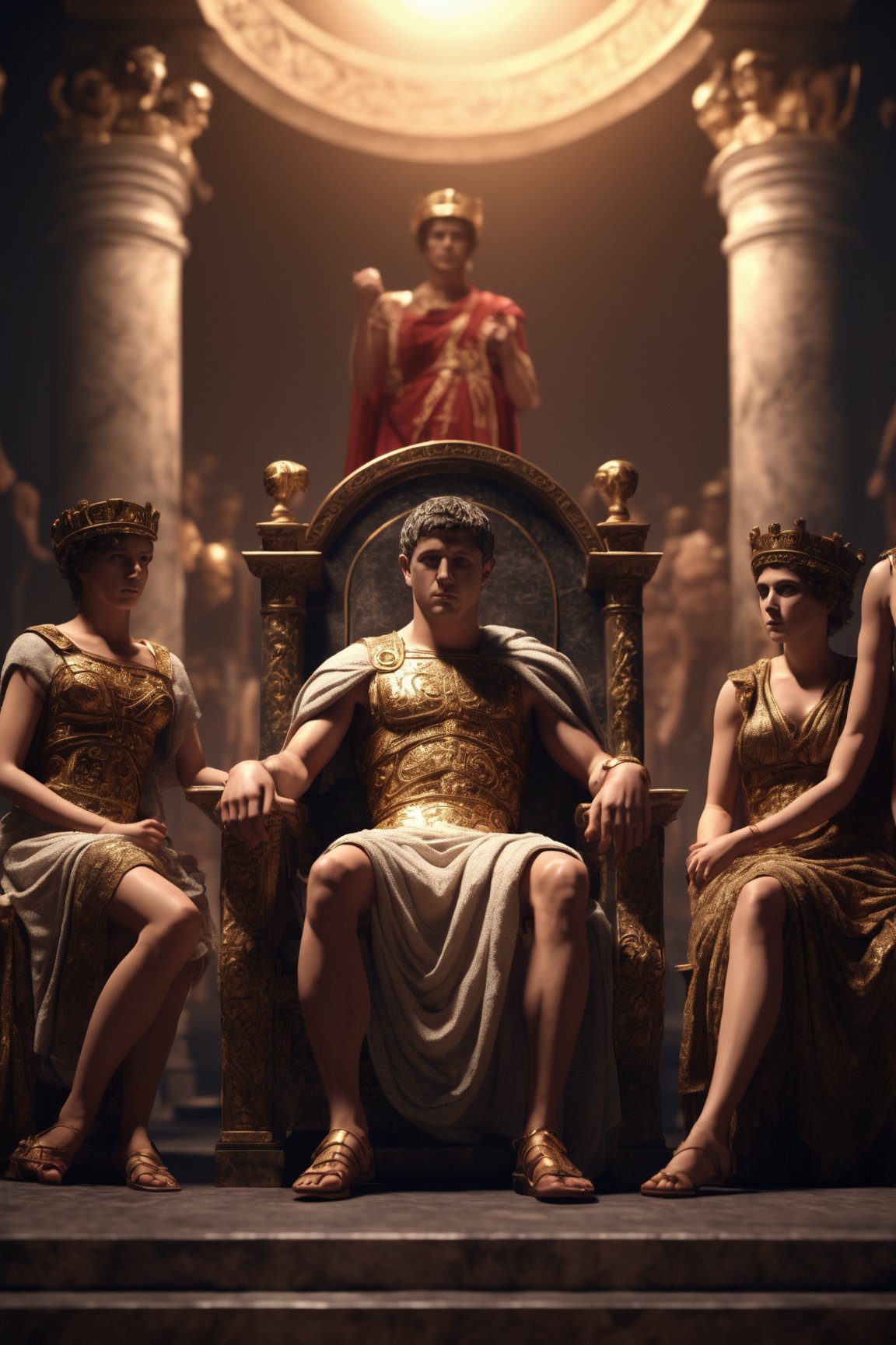 young roman emperor Elagabalus sitting on his throne with concubines beside him, smooth, detailed face, highly detailed, intricate details, symmetrical, lighting, ambient light, real-time, vfx, digital 3d, uhd, hdr

