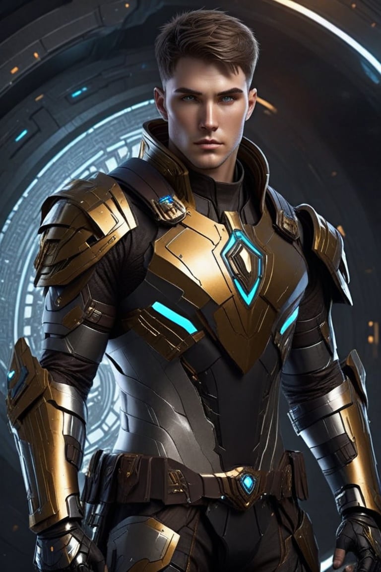 Sci-Fi. Nomus Sardauk is a human being, a handsome man of 25 years old, ((caucasian)), short straight brown hair, military haircut, grey eyes. athletic build.  ((silver armor)). He wears a futuristic and highly cybernetic black armor. blue ornaments, golden lines, crypto iconography. Inspired by the art of Destiny 2 and the style of Guardians of the Galaxy.,perfecteyes