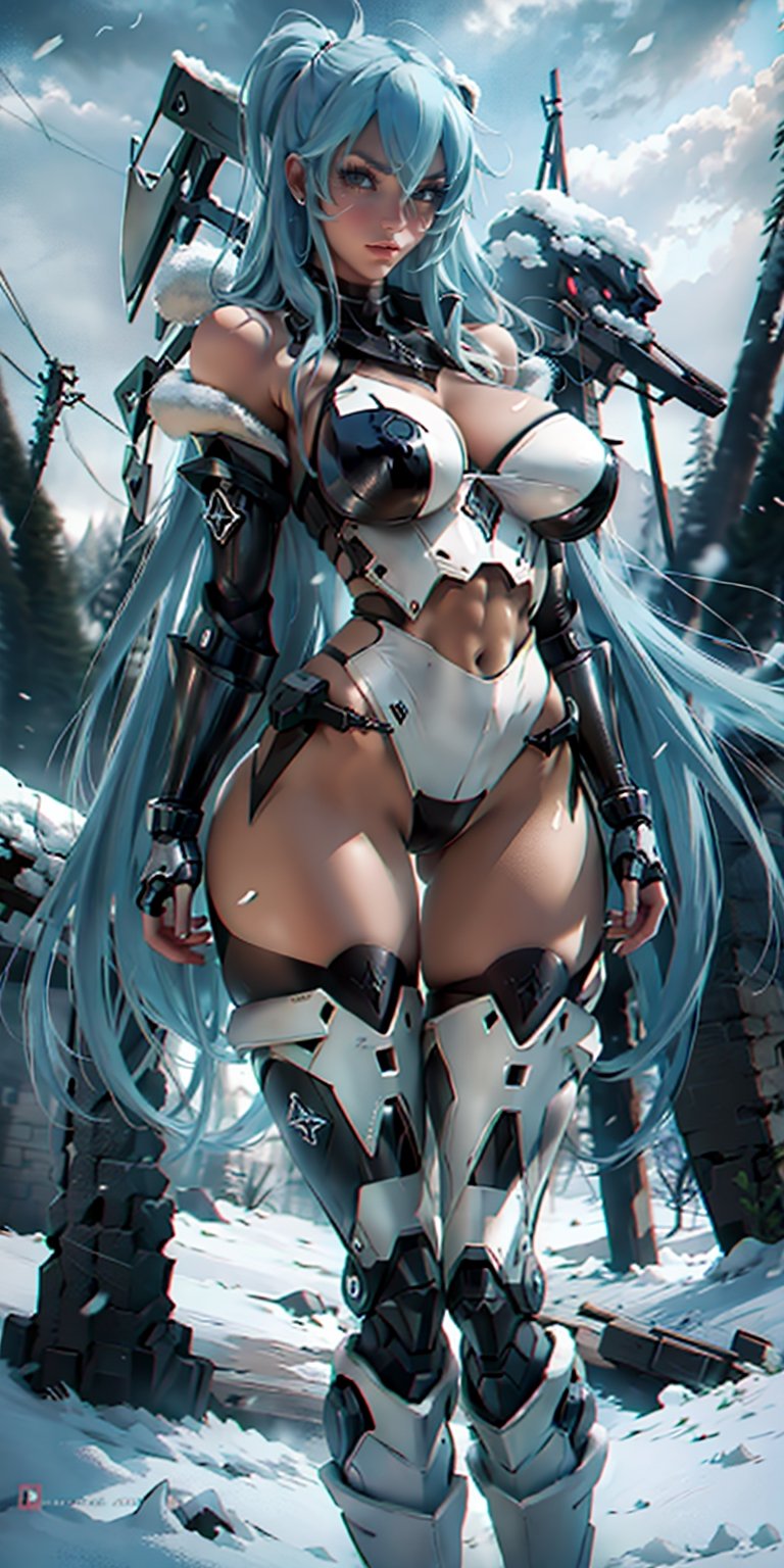 a beautiful woman, 25 years old, Esdeath, long LightBlue hair, white cybernetic armor, black ornaments, broad shoulders, strong arms, large breasts, six-pack abs, wide hips, wide thighs,  standing on snow, ruins of the old city and winter forest in the background , snowy day, stormy sky, soft colors, masterpiece, intricate and elaborate details. robot, solo, 1girl, esdeath