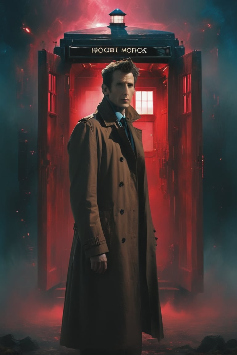 Profile image of Doctor who in brown trench coat standing in front of the tardis which is in front of a huge red robot which is in front of the earth. Minimalist, hazy, blue and pink, low contrast, cinematic, muted tones


