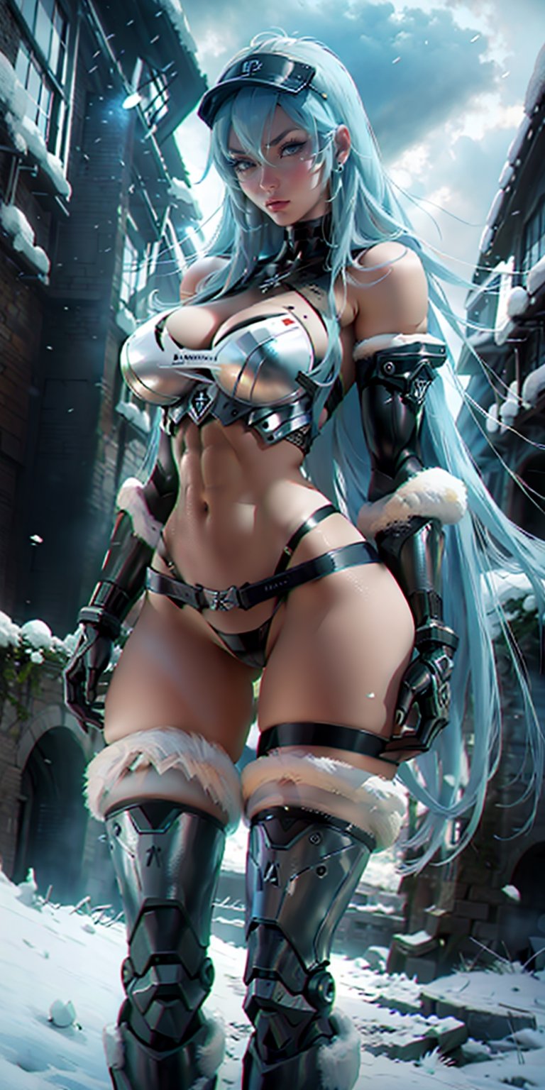 a beautiful woman, 25 years old, Esdeath, long LightBlue hair, white cybernetic armor, black ornaments, broad shoulders, strong arms, large breasts, ripped abs, wide hips, wide thighs,  standing on snow, ruins of the old city and winter forest in the background , snowy day, stormy sky, soft colors, masterpiece, intricate and elaborate details. robot, solo, 1girl, esdeath