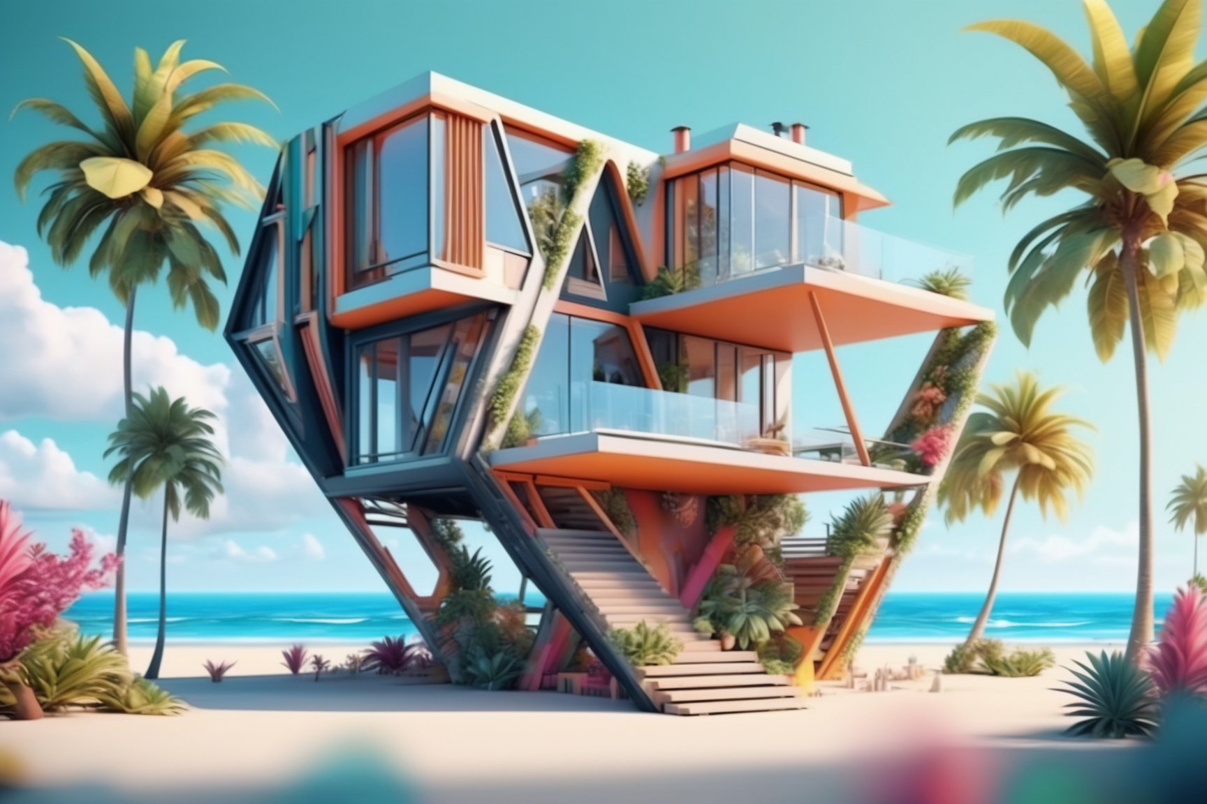 an asymmetrical house, beach background, with intelligent geometric uses, intricate designs, contrast between soft and tropical colors, 8k, interactive image, very detailed, high resolution.