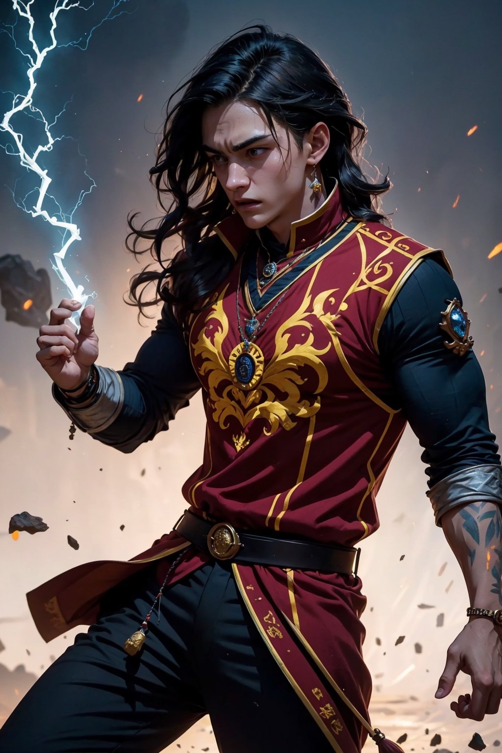 Harry Potter, 16 years old, no glasses, long black wavy hair, combed hair, detailed face, athletic body, detailed muscles, martial artist, detailed hands, martial arts pants, black pants with red and yellow details, blue energy around his body, lightning blues around his body, combat pose, Hogwarts School of Witchcraft and Wizardry in the background, 4k, interactive image, highly detailed, hogsweater, gryffindor, martial, Color Booster,(EnergyVeins:1.4),wrenchftmfshn