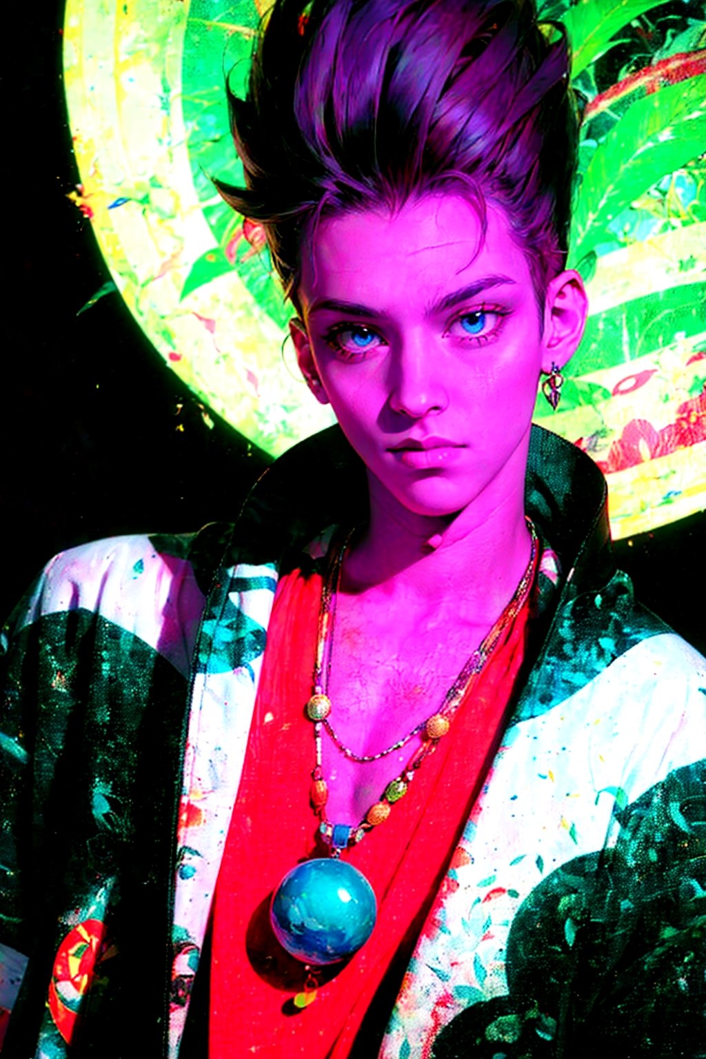 1boy, Legion, solo, oil painting, impasto, looking at viewer, a handsome young man, 18 years old, long black spiky hair, blue eyes, ((caucasian, white skin)) tribal necklace, tribal psychedelic outfit, urban outfit,  psychedelic background, masterpiece, nijistyle, niji, , sciamano240, soft shading, Legion