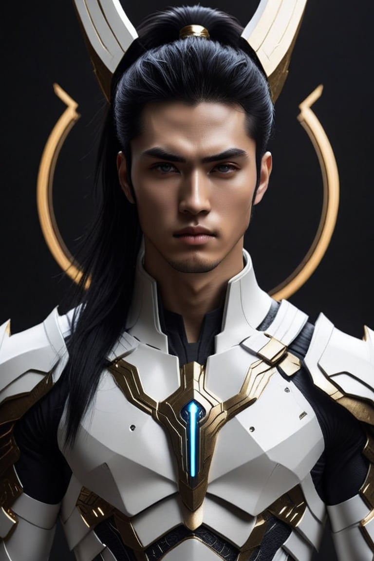 Sci-Fi. Icarion Anasem is a human being, a handsome man of 25 years old, long black straight hair, ponytail haircut, blue eyes.  athletic build.  ((white armor)). He wears a futuristic and highly cybernetic white and black armor. golden lines, black ornaments. Shinto iconography. Inspired by the art of Destiny 2 and the style of Guardians of the Galaxy.,perfecteyes