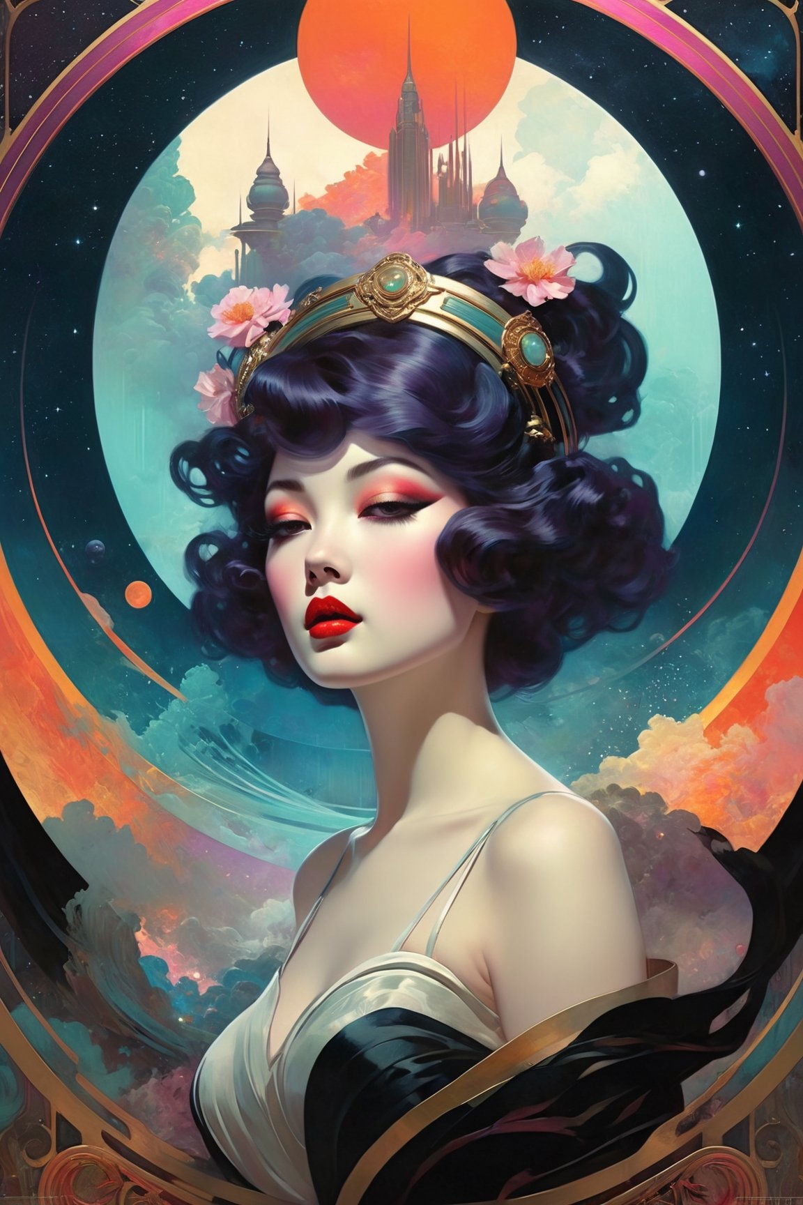 1950's  pulp sci-fi, colorful, vivid colors, Art by WLOP + Tom Bagshaw + Ayami Kojima + Alphonse Mucha, surreal masterpiece, octane rendering, focus, colorful background, intricate detailed, rich colors, highly detailed.