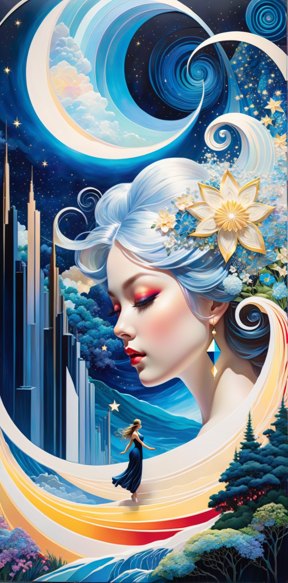 BILLBOARDS, An anime-style wide-format artwork featuring mutual affection scenes. A beautiful anime woman, wrapped in 'Luna's veil', a silk rainbow curtain with embroidery, among gemstones, a kaleidoscope pattern,The girl dancing in a dreamscape with a tunnel of neon lights in red, yellow, and blue, and spiraling lines like 'Luminous blue variable' stars. The woman in an ethereal landscape with Fibonacci spirals, an enchanted forest, serene waters, a blooming oasis, under dusk light, against a cityscape. The artwork mixes 3D and 2D styles for a photorealistic yet whimsical effect, highlighting beauty, joy, magic, and intricate detail, with a beautiful diffusion effect., Art by  Clayton Crain, Stjepan Šejić, WLOP, Artgerm, interactive image, highly detailed.