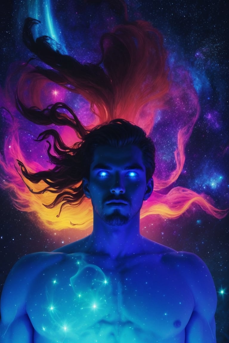 a humanoid being, holographic, smoky, being from the cosmos, stars, galaxies, iridescent ghostly, a handsome young man, long wavy  hair fluttering in the wind, inner glow, light particle, bioluminescent astral hair, holographic, made of pure light, monochrome holographic, a glowing spectral man, cosmos, stellar, ghostly, glowing shapes, light glow, galaxy colors, light trails, ethereal, glowing smoke, centered, glowing particles, sparkles, fx, translucent, simple shapes, no details, ghostly, astral, stellar, smoke, fog, northern lights background, anime style, attack pose, doped, psychedelic, flaming colors, neon colors, stellar colors, motion effects, 3D, 4K, masterpiece, UHD, ((cinematic) ), ((perfect face)), ((psychedelic effects)), ((lucid dreams)) ghost, powerful, imposing, fanchar