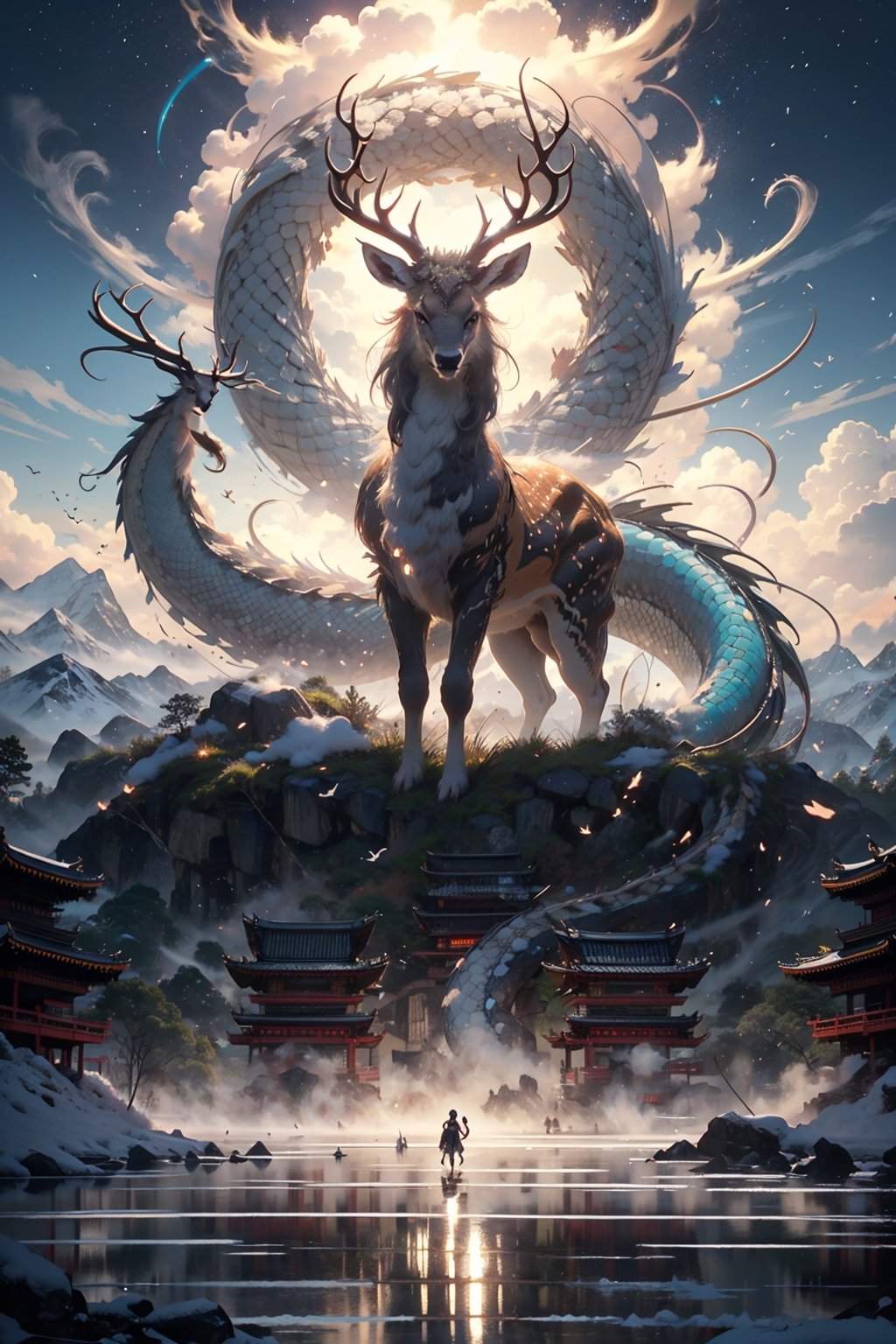 BJ_Sacred_beast, turquoise_eyes, outdoors, deer's horns, sky, cloud, no_humans, bird, cloudy_sky, scenery, stairs, fantasy, dragon orange, detailed black, white ornate, architecture, east_asian_architecture, eastern_dragon, cinematic lighting, strong contrast, high level of detail, Best quality, masterpiece, lora:Sacred_beast_v1.2:0.7,