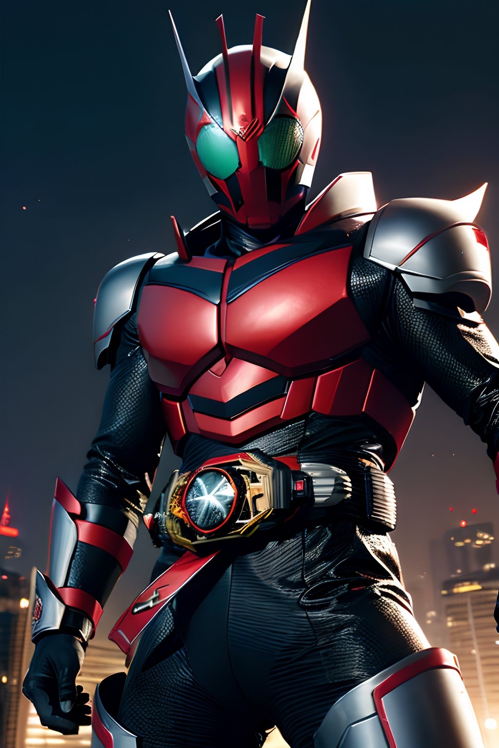 (8K,  raw,  proffesional,  top-quality),  (realisitic,  Photorealsitic:1.2),  perfect anatomy,  (Highest Detail Face:1.2),  Front lighting,  A dark shadow threatened the city。Kamen Rider Exword。Silver Grey and red body、Wearing a transformation belt、Burning with a Righteous Heart,  He follows the minions of darkness Defeat。The battle rages、The Last Enemy Appears。Join forces in the special move Evolt Lunado、Kamen Rider defeats the Lord of Darkness。, punch, 