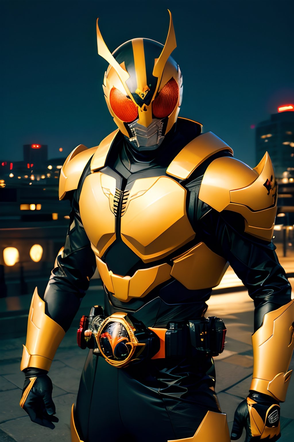 (8K,  raw,  proffesional,  top-quality),  (realisitic,  Photorealsitic:1.2),  perfect anatomy,  (Highest Detail Face:1.2),  Front lighting,  A dark shadow threatened the city。Kamen Rider Exword。Orange and Brown body、Wearing a transformation belt、Burning with a Righteous Heart,  He follows the minions of darkness Defeat。The battle rages、The Last Enemy Appears。Join forces in the special move Evolt Lunado、Kamen Rider defeats the Lord of Darkness。, punch, 