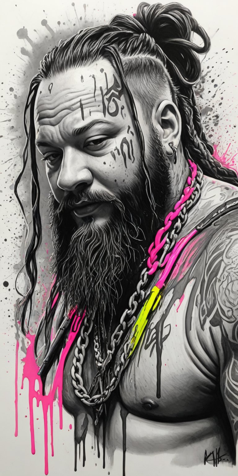 Black and white sketch, realistic, Bray Wyatt, mist, ink, chains, (((splashes of neon colors))), neon colors