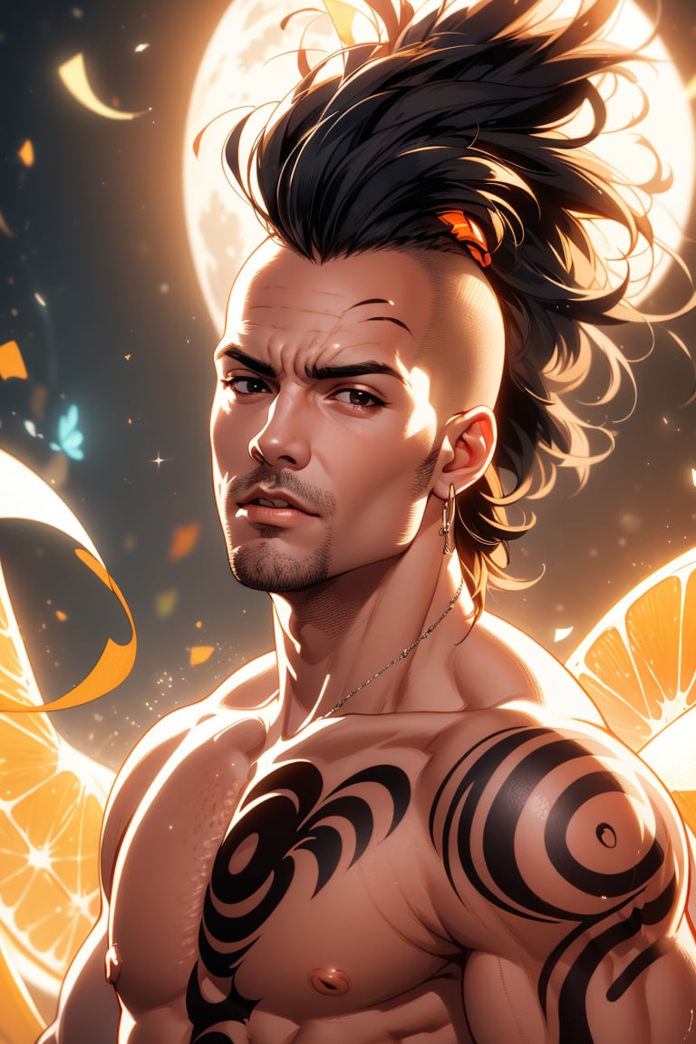 Masterpiece, HD, 8K, high resolution, close-up, black eyes, black hair, elegant, mohawk, defiant and well-detailed look, majestic, orange lips, cowboy_shot, fullmoon, see viewer,1 boy, daken, 20 years old, 1boy, black hair, mohawk haircut, black eyes, tribal tattoos,  daken