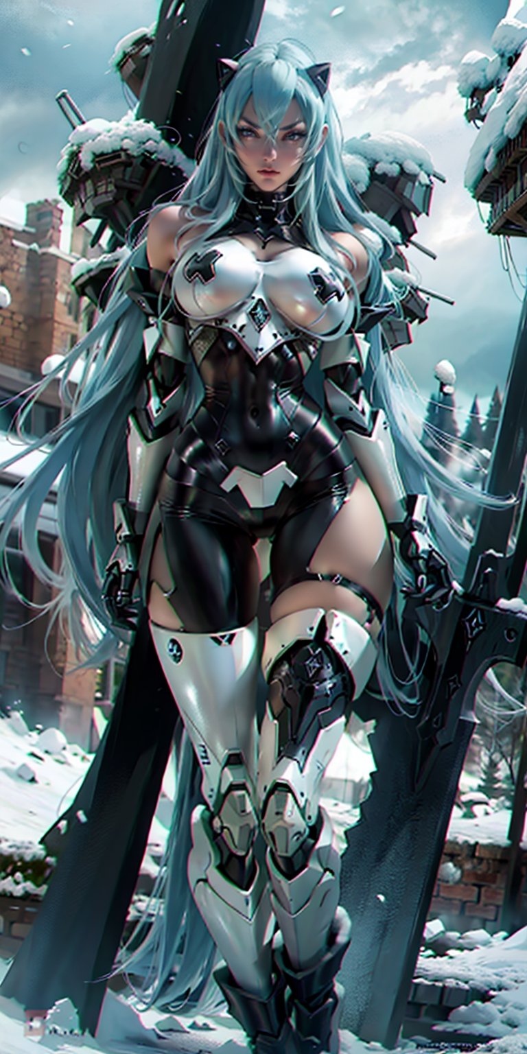 a beautiful woman, 25 years old, Esdeath, long LightBlue hair, white cybernetic armor, black ornaments, broad shoulders, strong arms, large breasts, ripped abs, wide hips, wide thighs,  standing on snow, ruins of the old city and winter forest in the background , snowy day, stormy sky, soft colors, masterpiece, intricate and elaborate details. robot, solo, 1girl, esdeath