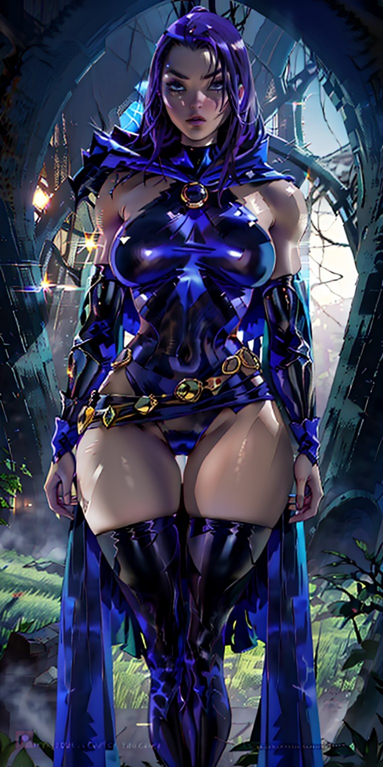 a beautiful woman, 19 years old, Raven, femme fatale, violet hair, grey skin, navy blue cape, black leotard, marked abs, purple skirt, voluptuous body, big breasts, very muscular shoulders, very muscular arms, wide hips, wide thighs , very muscular thighs, standing in the meadow, forest in the background, flowers on the trees, sunset, masterpiece, intricate and elaborate details, Raven