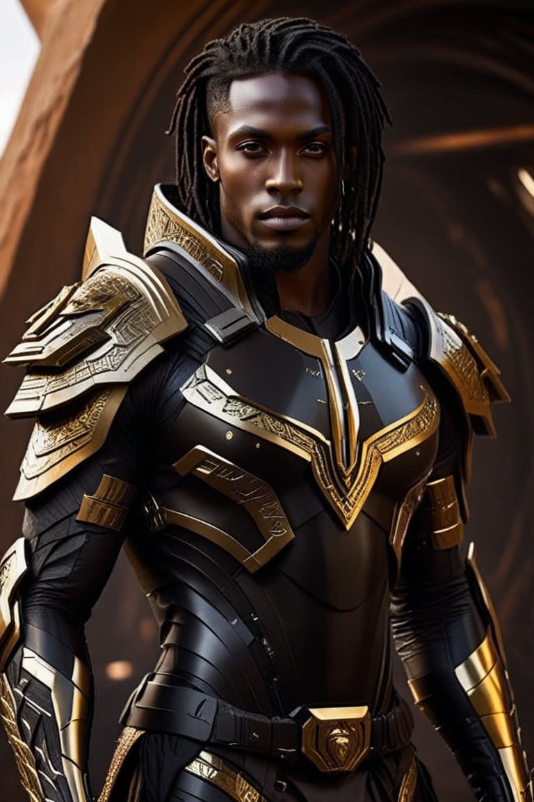 Sci-Fi. Andezo Sambedi is a human being, a handsome black man of 25 years old, ((dark skin)), long straight black hair, dreadlocks haircut, brown eyes. athletic build.  ((black armor)). He wears a futuristic and highly cybernetic black armor. white ornaments, golden lines, african iconography. Inspired by the art of Destiny 2 and the style of Guardians of the Galaxy.,perfecteyes