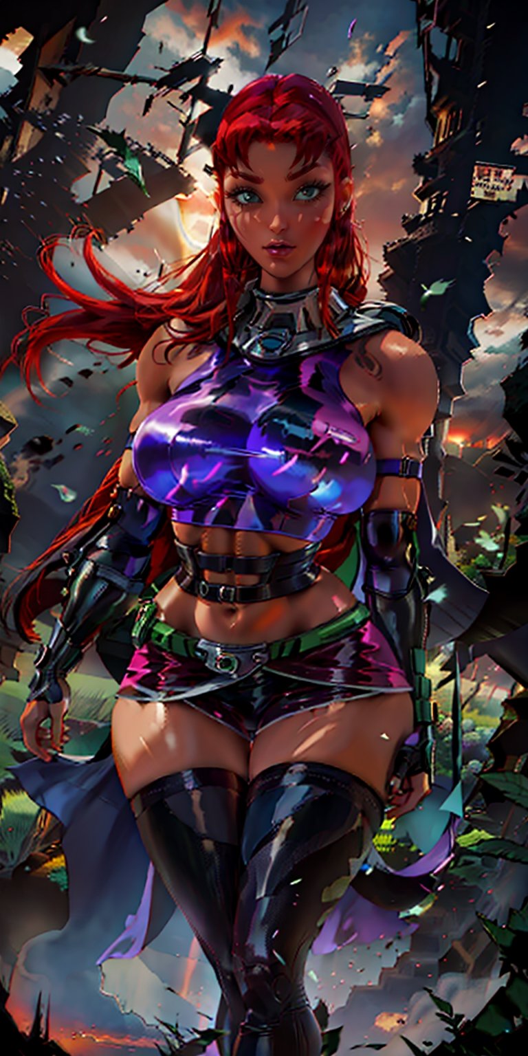 a beautiful woman, 19 years old, Starfire, femme fatale, redhair, orange skin, violet top, marked abs, purple skirt, voluptuous body, big breasts, very muscular shoulders, very muscular arms, wide hips, wide thighs , very muscular thighs, standing in the meadow, forest in the background, flowers on the trees, sunset, masterpiece, intricate and elaborate details, starfire