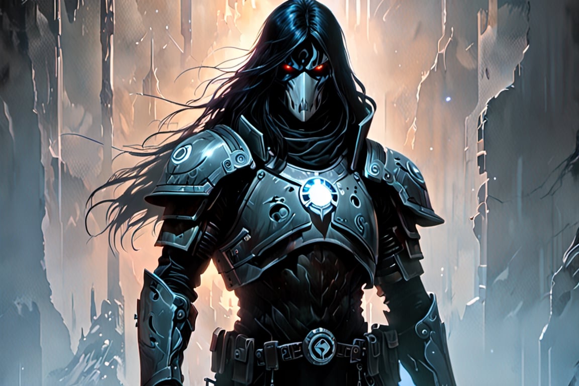 Black light and oil painting, warm foreground background, Kayvaan Shrike ((a male, long straight black hair, shoulder-length haircut, black eyes, pale white skin, muscular build, wears black cybernetic armor with white elemets and white lines, white raven symbol), surrounded by a cold misty night, glowing face paint with ultraviolet black light, by lois van baarle and bastien lecouffe deharme, drops of paint, dreamlike, digital painting, dynamic lighting, noir, art fantasy, stunning imaginative art, splatter art, subtle alcohol ink, mystical mist, night, shadows, magnificent and powerful, ((Space Marine, Kayvaan Shrike is a man from the Raven Guard, XIX Legion, Warhammer 40K)), concept art, acrylic paint, cinematic lighting, bright, intricate, cool color nuances, chaotic, 16k, illustration, colorful touches, golden ratio, fake detail, trending pixiv fanbox, acrylic spatula, slawomir maniak style, pascal campion, makoto shinkai studio ghibli genshin impact james gilleard greg rutkowski chiho aoshima, fear, wonder, 2d animation 3d painting, ghost person, DonMD3m0nXL, more detail XL,