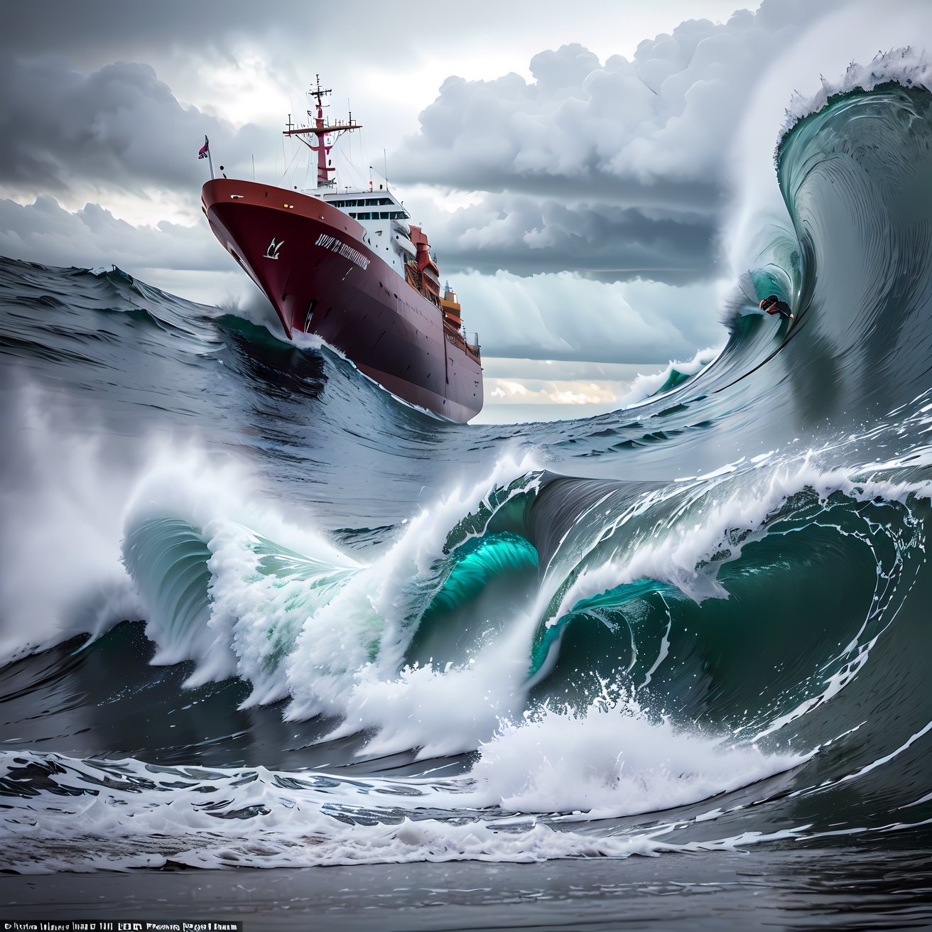 masterpiece, finely detailed, great diffusion, great composition, astounding detail, UHD, cargo ship soaring through rough ocean storm, huge waves towering, thunderstorm, lots of rain, snow, 