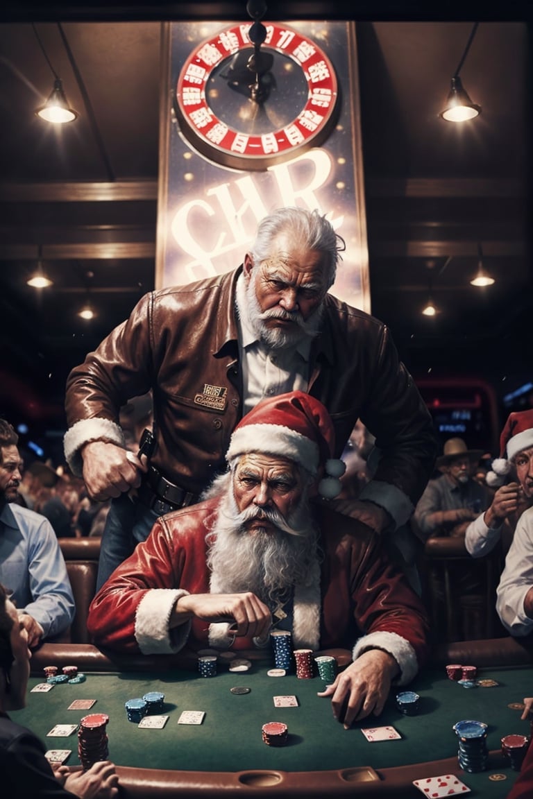 cowboy santa in a cowboy bar playing poker, sitting, looking at the camera, a fight in the background with many people fantasy00d, a crowd is fighting in the background, brawling, fight
