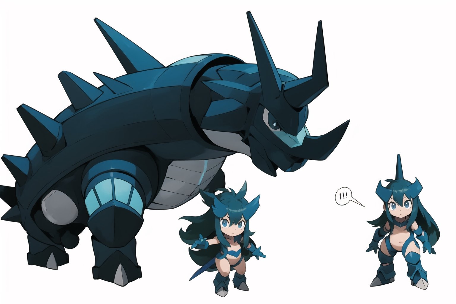 multiple views, Model sheet, masterpiece, best quality, looking at viewer, sugimori ken \(style\), {big milkers} (full body), 1girl,  {{{grey rock armor, plate armor}}}, semi-nude, mom and daughter, 1girl, {White background} <<big milkers>>Rhyhorn, Inko Midoriya,  rock rhino, Rhyhorn, Ground type, InkoMidoriya, 