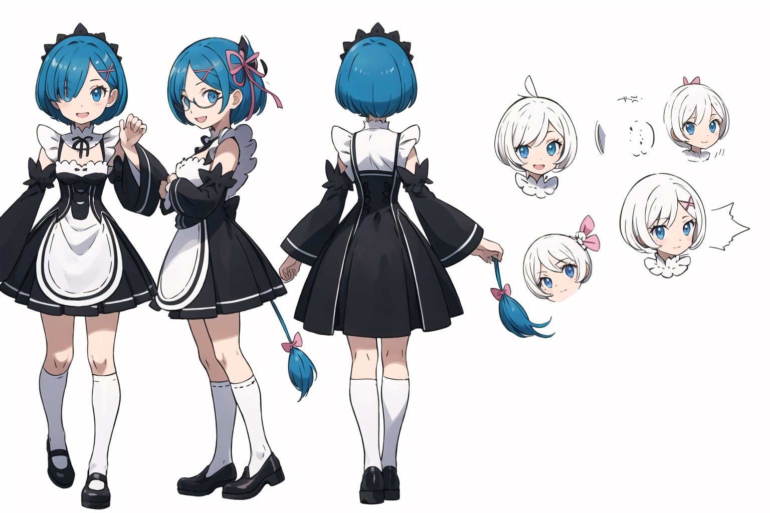 multiple views, Model sheet, masterpiece, best quality, looking at viewer, sugimori ken \(style\), {big milkers} (full body), 1girl,  {{{  roswaal mansion maid uniform, rem (re:zero), breasts, blue hair,Shiny smile, solo, hair over one eye, blue eyes, short hair, maid, cleavage, hair ornament, x hair ornament, (jumping),rises both legs,looking at viewer, detached sleeves, smile, open mouth, ribbon, pink ribbon, hair ribbon }}}, semi-nude, mom and daughter, 1girl, {White background} <<big milkers>> SMAce, masterpiece, best quality, , masterpiece, {{illustration}}, {best quality}, {{hi res}},tashigi,glasses,AGE REGRESSION
