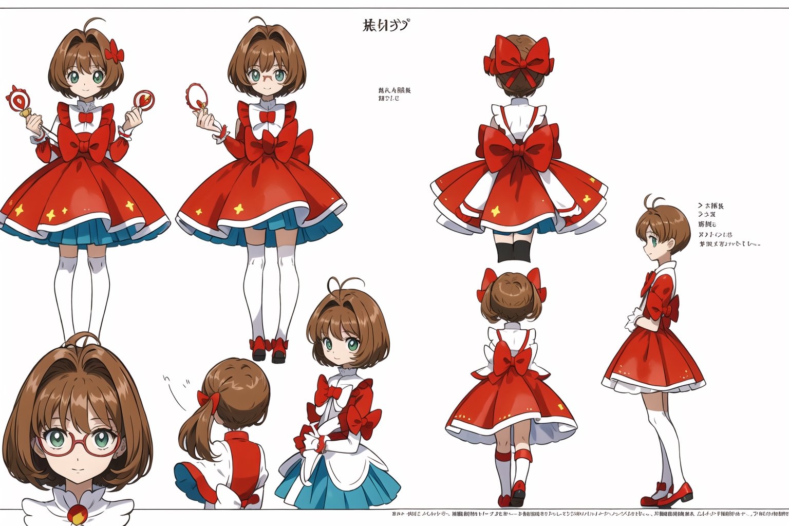 multiple views, Model sheet, masterpiece, best quality, looking at viewer, sugimori ken \(style\), {big milkers} (full body), 1girl,  {{{  Cardcaptor_Sakura, skirt_lift, red_dress }}}, semi-nude, mom and daughter, 1girl, {White background} <<big milkers>> SMAce, masterpiece, best quality, , masterpiece, {{illustration}}, {best quality}, {{hi res}},tashigi,glasses,AGE REGRESSION,kinomoto sakura,Cardcaptor_Sakura