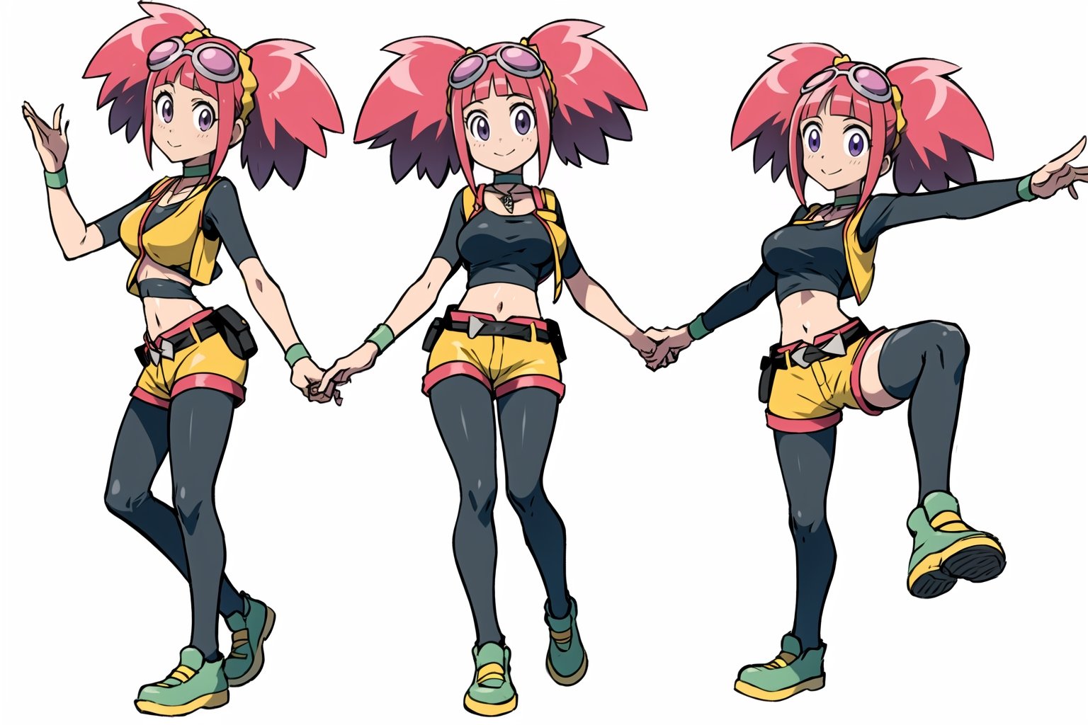 multiple views, Model sheet, masterpiece, best quality, looking at viewer, sugimori ken \(style\), {big milkers} (full body), 1girl, {{{Zoe Drake,1girl, blush, bangs, navel, twintails, jewelry, purple eyes, pink hair, goggles, goggles on head,choker, midriff, open clothes, thighhighs, crop top, open vest, shorts, shoes, belt, wristband,black thighhighs, black crop top, yellow vest, yellow shorts, green shoes, vest over crop top,  }}}, semi-nude, mom and daughter, 1girl, {White background} <<big milkers>> SMAce, masterpiece, best quality, masterpiece, perfect hands, tight pants, thick thighs {{illustration}}, {best quality}, {{hi res}},mallow \(pokemon\)