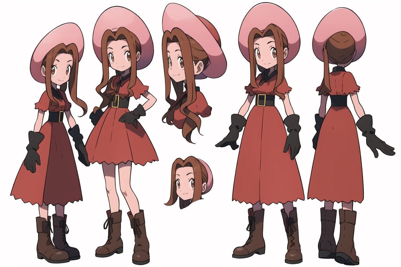 multiple views, model sheet, masterpiece, best quality, facing viewer, sugimori ken \(style\), {big milkers} (full body), 1 girl, {{{masterpiece, cowgirl hat, pink dress, ruffle dress with string strips, leather belt, women's boots, leather gloves, garden with blooming cacti}}}, mom and daughter, 1 girl, {White background} <<big milkers>> ,Tachikawa Mimi