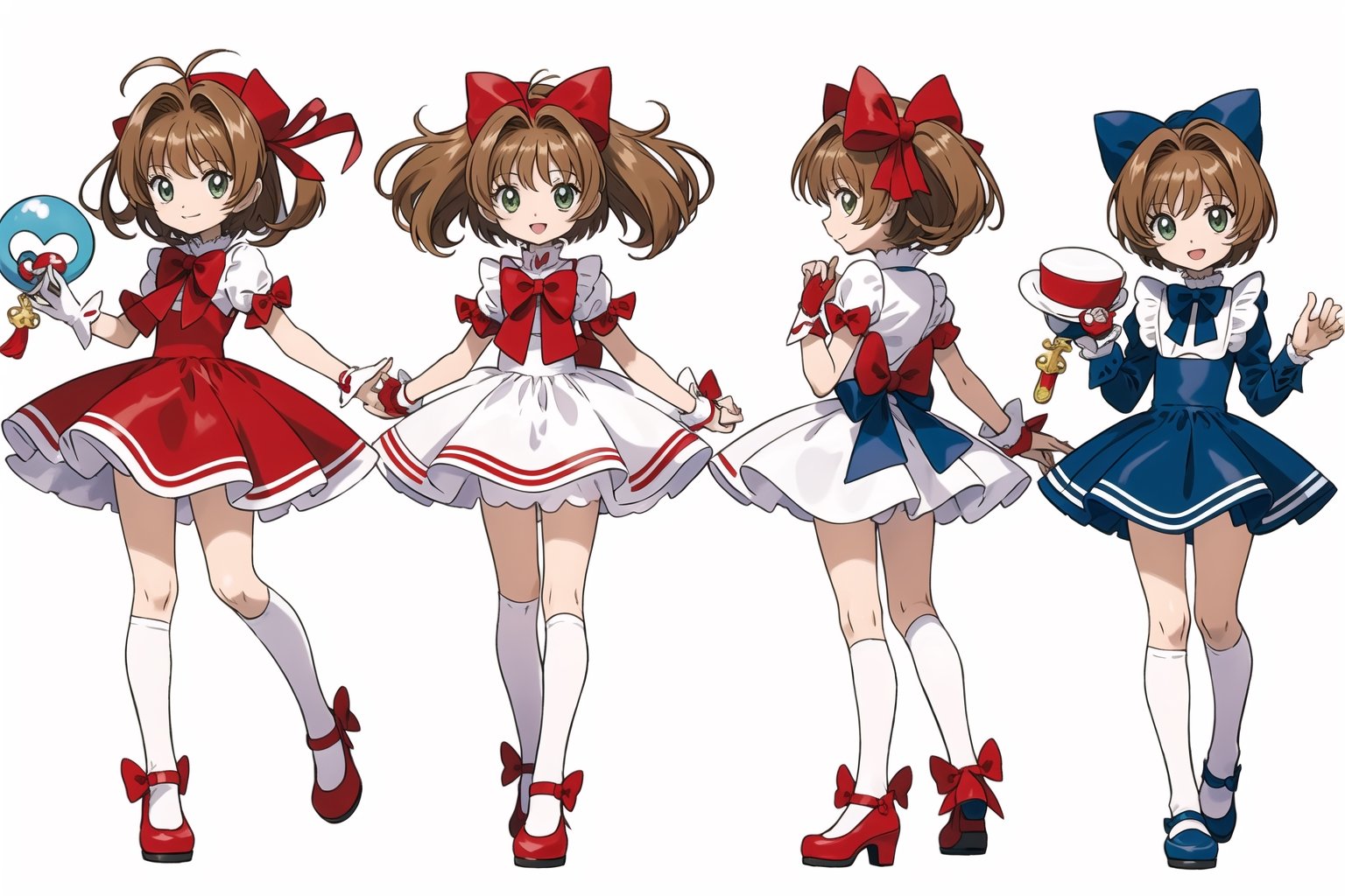 multiple views, Model sheet, masterpiece, best quality, looking at viewer, sugimori ken \(style\), {big milkers} (full body), 1girl,  {{{  Cardcaptor_Sakura, skirt_lift, red_dress }}}, semi-nude, mom and daughter, 1girl, {White background} <<big milkers>> SMAce, masterpiece, best quality, , masterpiece, {{illustration}}, {best quality}, {{hi res}},tashigi,glasses,AGE REGRESSION,kinomoto sakura,Cardcaptor_Sakura