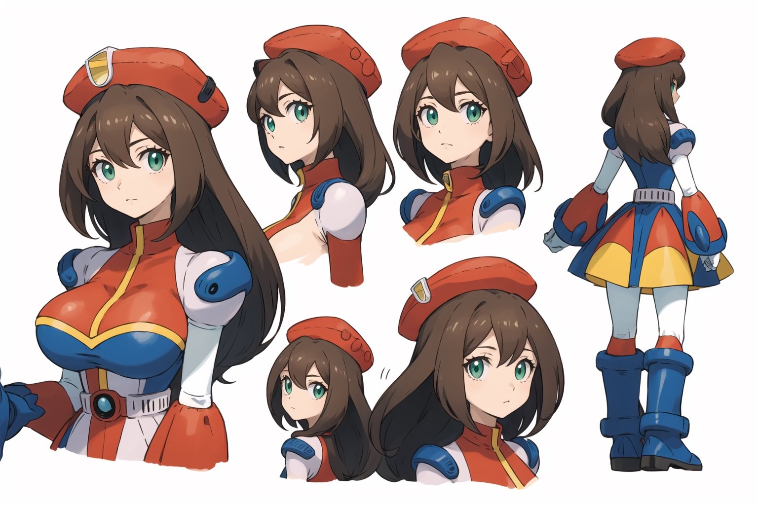 multiple views, Model sheet, masterpiece, best quality, looking at viewer, sugimori ken \(style\), {big milkers} (full body), 1girl,  {{{ iris_megamanx, 1girl, solo, android, long hair, breasts, brown hair, hat, green eyes, white gloves, beret, white footwear, }}}, semi-nude, mom and daughter, 1girl, {White background} <<big milkers>> SMAce, masterpiece, best quality, , masterpiece, {{illustration}}, {best quality}, {{hi res}},Carina,iris_megamanx