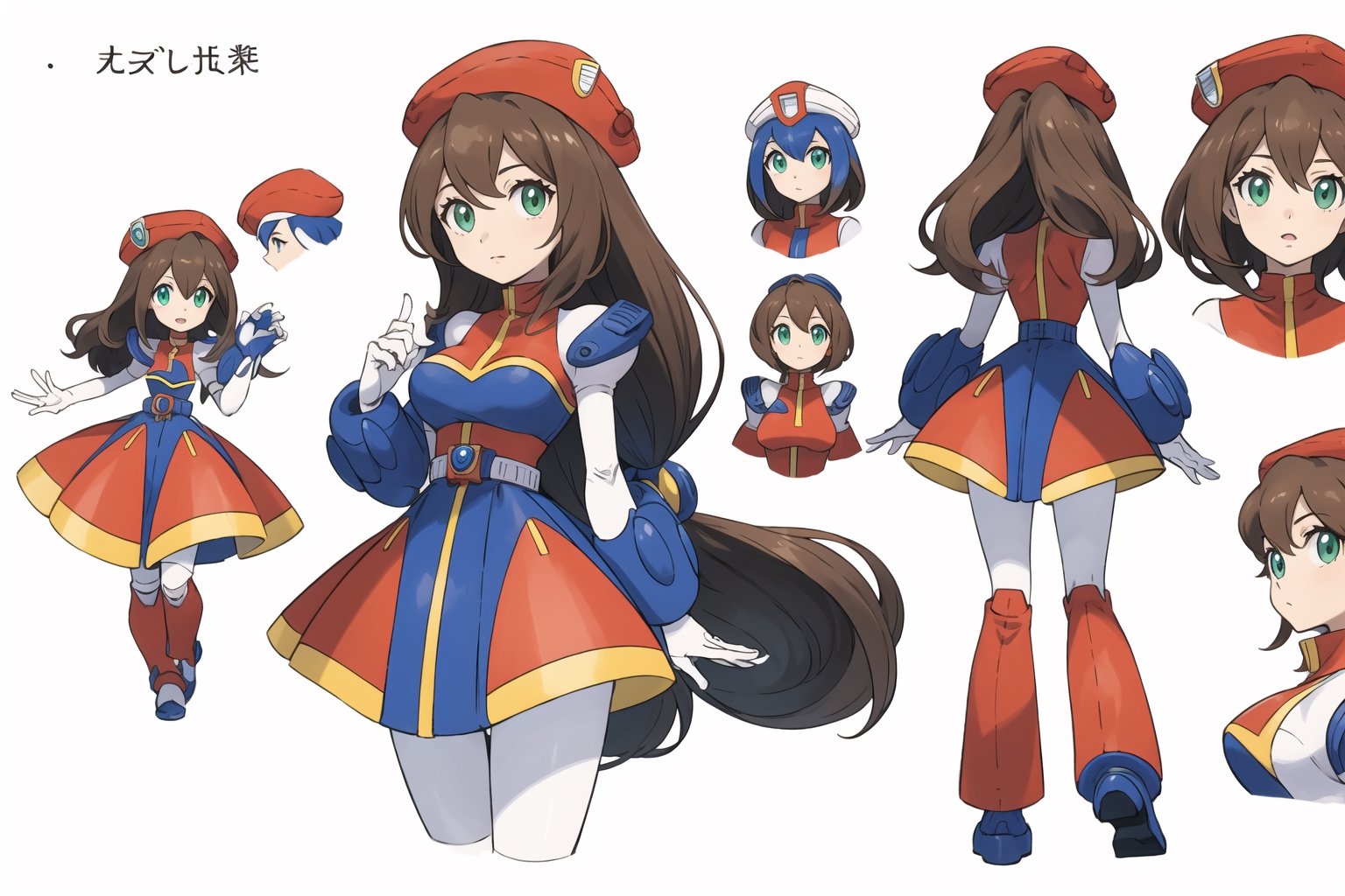 multiple views, Model sheet, masterpiece, best quality, looking at viewer, sugimori ken \(style\), {big milkers} (full body), 1girl,  {{{ iris_megamanx, 1girl, solo, android, long hair, breasts, brown hair, hat, green eyes, white gloves, beret, white footwear, }}}, semi-nude, mom and daughter, 1girl, {White background} <<big milkers>> SMAce, masterpiece, best quality, , masterpiece, {{illustration}}, {best quality}, {{hi res}},Carina,iris_megamanx