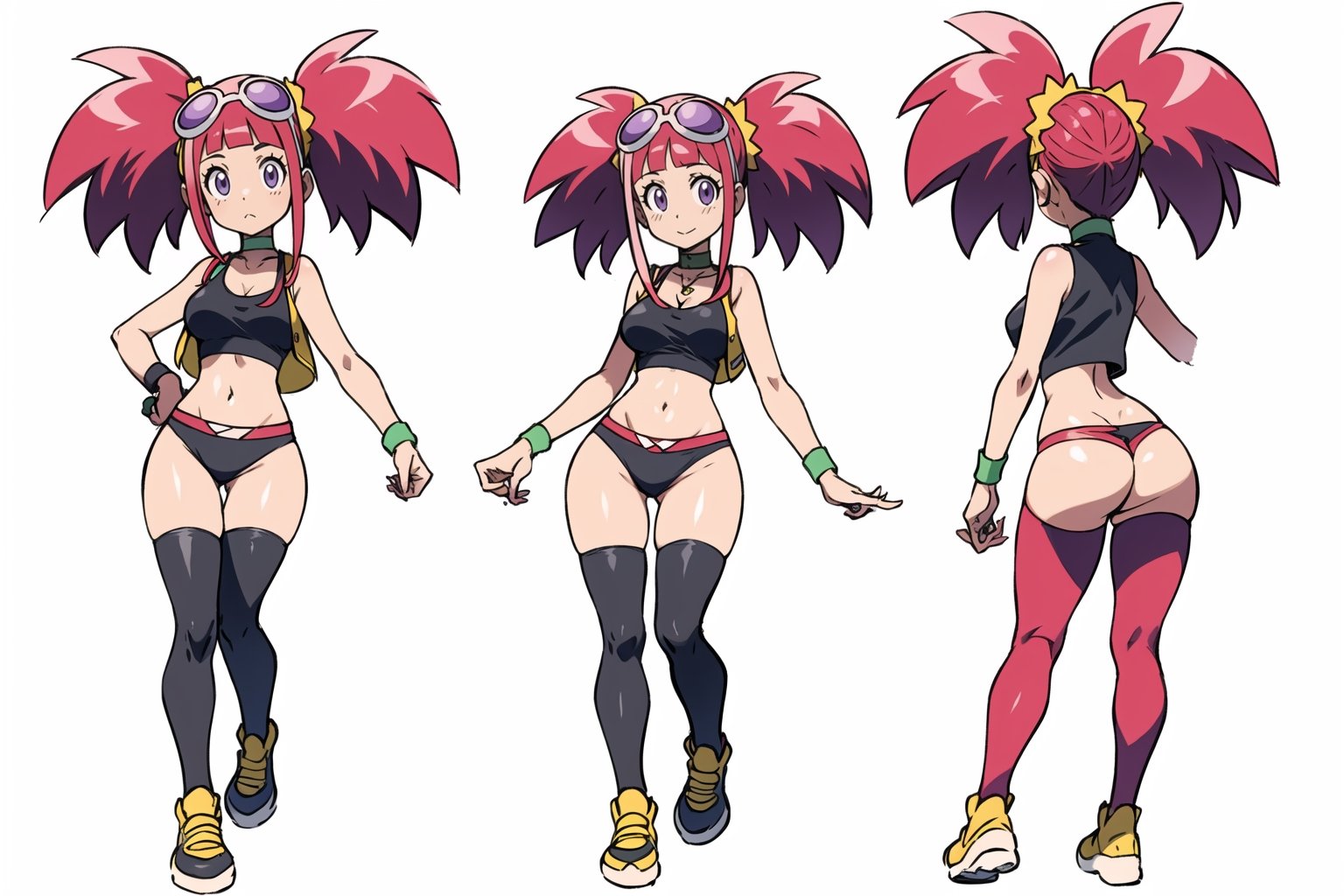 multiple views, Model sheet, masterpiece, best quality, looking at viewer, sugimori ken \(style\), {big milkers} (full body), 1girl, {{{Zoe Drake, 1girl, blush, bangs, navel, twintails, jewelry, purple eyes, pink hair, goggles, goggles on head, choker, abdomen, open clothing, thigh highs, crop top, open vest, shoes, wristband, black thighs, black crop top, yellow vest, panty stocking, vest over short top, thong}}}, semi-nude, mom and daughter, 1girl, {White background} <<big milkers>> SMAce, masterpiece, best quality, masterpiece, perfect hands, tight pants, thick thighs {{illustration}}, {best quality}, {{hi res}},mallow \(pokemon\)