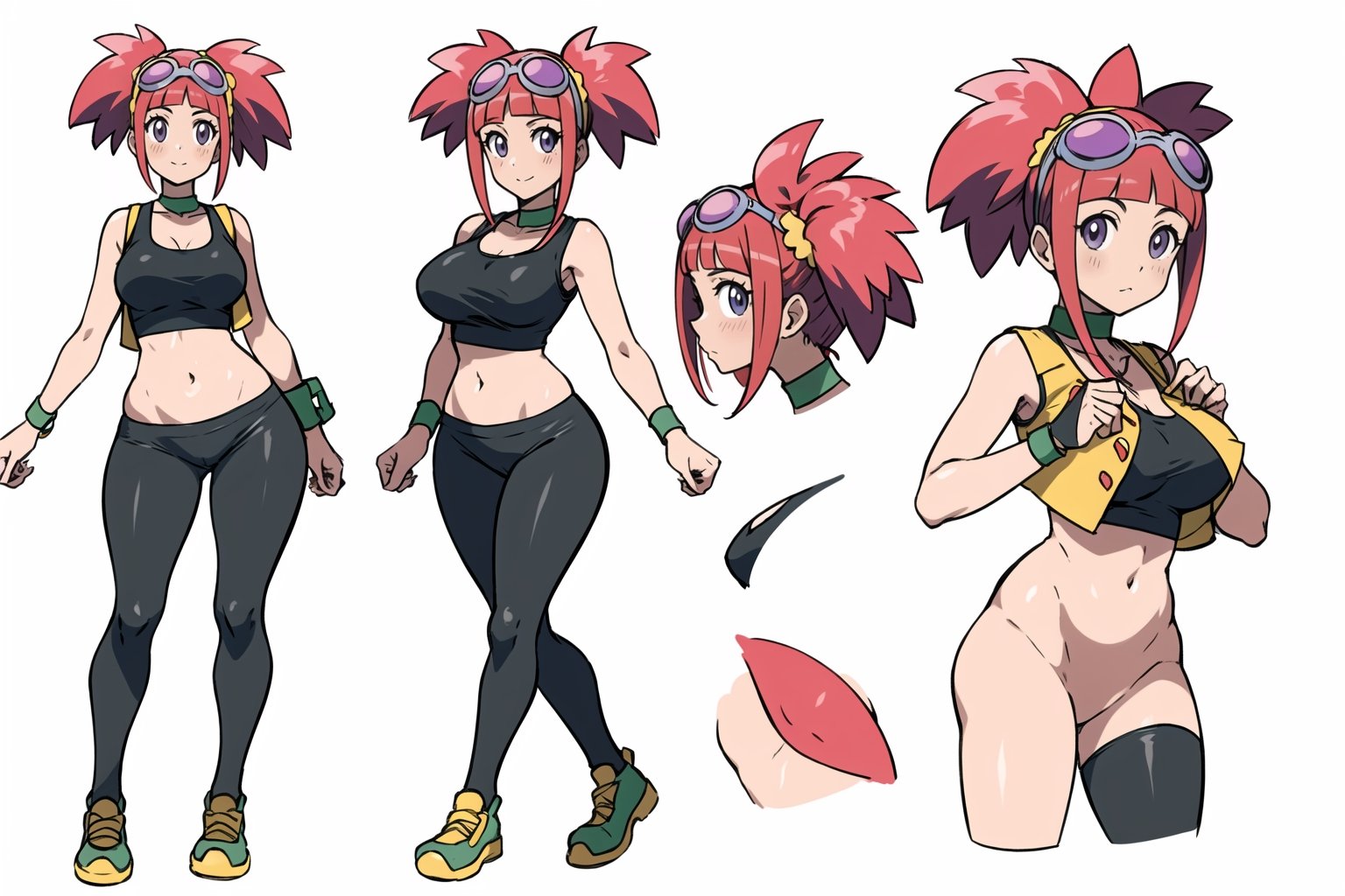 multiple views, Model sheet, masterpiece, best quality, looking at viewer, sugimori ken \(style\), {big milkers} (full body), 1girl, {{{Zoe Drake, 1girl, blush, bangs, navel, twintails, jewelry, purple eyes, pink hair, goggles, goggles on head, choker, abdomen, open clothing, thigh highs, crop top, open vest, shoes, wristband, black thighs, black crop top, yellow vest, panty stocking, vest over short top, thong, cute dinosaur plush}}}, semi-nude, mom and daughter, 1girl, {White background} <<big milkers>> SMAce, masterpiece, best quality, masterpiece, perfect hands, tight pants, thick thighs {{illustration}}, {best quality}, {{hi res}},mallow \(pokemon\)