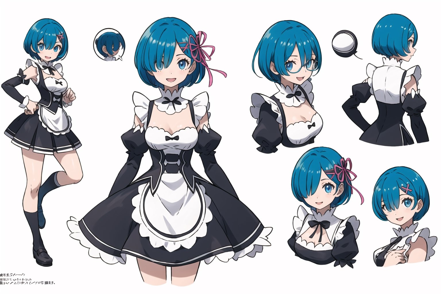 multiple views, Model sheet, masterpiece, best quality, looking at viewer, sugimori ken \(style\), {big milkers} (full body), 1girl,  {{{  roswaal mansion maid uniform, rem (re:zero), breasts, blue hair,Shiny smile, solo, hair over one eye, blue eyes, short hair, maid, cleavage, hair ornament, x hair ornament, (jumping),rises both legs,looking at viewer, detached sleeves, smile, open mouth, ribbon, pink ribbon, hair ribbon }}}, semi-nude, mom and daughter, 1girl, {White background} <<big milkers>> SMAce, masterpiece, best quality, , masterpiece, {{illustration}}, {best quality}, {{hi res}},tashigi,glasses,AGE REGRESSION