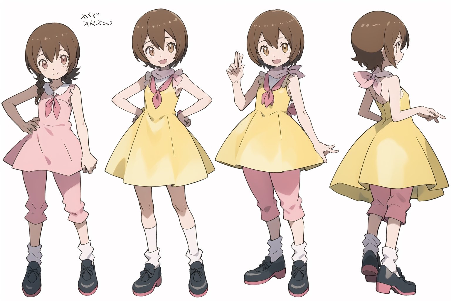 multiple views, model sheet, masterpiece, best quality, facing viewer, sugimori ken \(style\), {big milkers} (full body), 1 girl, {{{yellow dress,pink pants,happy,}}}, mom and daughter, 1 girl, {White background} <<big milkers>> ,takenouchi sora,HikariDigi