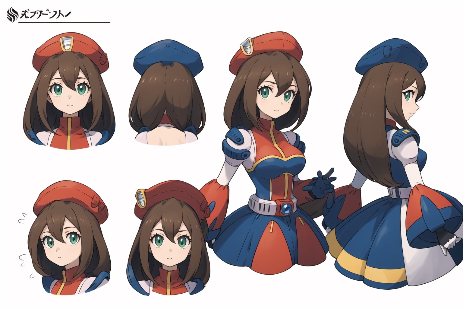 multiple views, Model sheet, masterpiece, best quality, looking at viewer, sugimori ken \(style\), {big milkers} (full body), 1girl,  {{{ iris_megamanx, 1girl, solo, android, long hair, breasts, brown hair, hat, green eyes, white gloves, beret, white footwear, }}}, semi-nude, mom and daughter, 1girl, {White background} <<big milkers>> SMAce, masterpiece, best quality, , masterpiece, {{illustration}}, {best quality}, {{hi res}},Carina,iris_megamanx