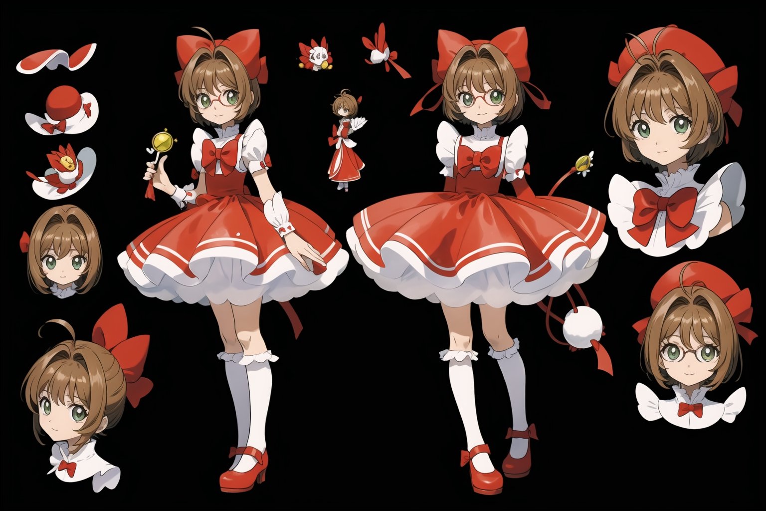 multiple views, Model sheet, masterpiece, best quality, looking at viewer, sugimori ken \(style\), {big milkers} (full body), 1girl,  {{{  Cardcaptor_Sakura, skirt_lift, red_dress }}}, semi-nude, mom and daughter, 1girl, {White background} <<big milkers>> SMAce, masterpiece, best quality, , masterpiece, {{illustration}}, {best quality}, {{hi res}},tashigi,glasses,AGE REGRESSION,kinomoto sakura,Cardcaptor_Sakura