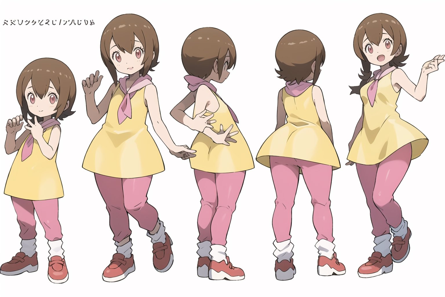 multiple views, model sheet, masterpiece, best quality, facing viewer, sugimori ken \(style\), {big milkers} (full body), 1 girl, {{{yellow dress,pink pants,happy,}}}, mom and daughter, 1 girl, {White background} <<big milkers>> ,takenouchi sora,HikariDigi