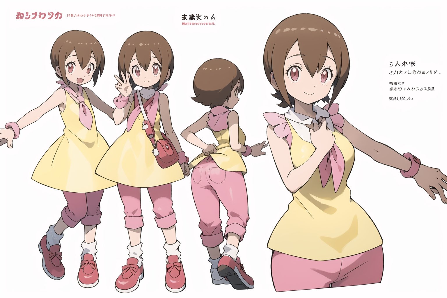 multiple views, model sheet, masterpiece, best quality, facing viewer, sugimori ken \(style\), {big milkers} (full body), 1 girl, {{{yellow dress,pink pants,happy,}}}, mom and daughter, 1 girl, {White background} <<big milkers>> ,takenouchi sora,HikariDigi