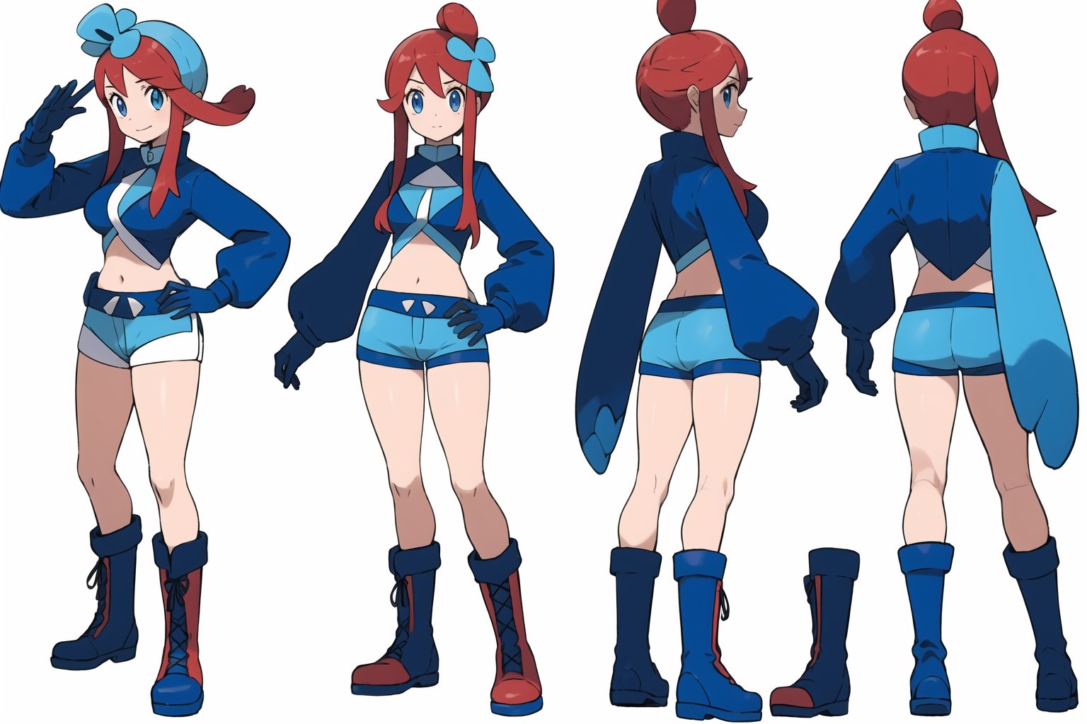 multiple views, Model sheet, masterpiece, best quality, looking at viewer, sugimori ken \(style\), {big milkers} (full body), 1girl,  {{{(pokemonskyla, blue eyes, hair ornament, one side up, red hair, short hair with long locks, sidelocks,BREAK blue footwear, blue gloves, blue jacket, blue shorts, boots, crop top, cropped jacket, gloves, jacket, midriff, navel, short shorts, shorts, thigh pouch}}}, semi-nude, mom and daughter, 1girl, {White background} <<big milkers>> SMAce, masterpiece, best quality, , masterpiece, {{illustration}}, {best quality}, {{hi res}},Kanna Kamui 



