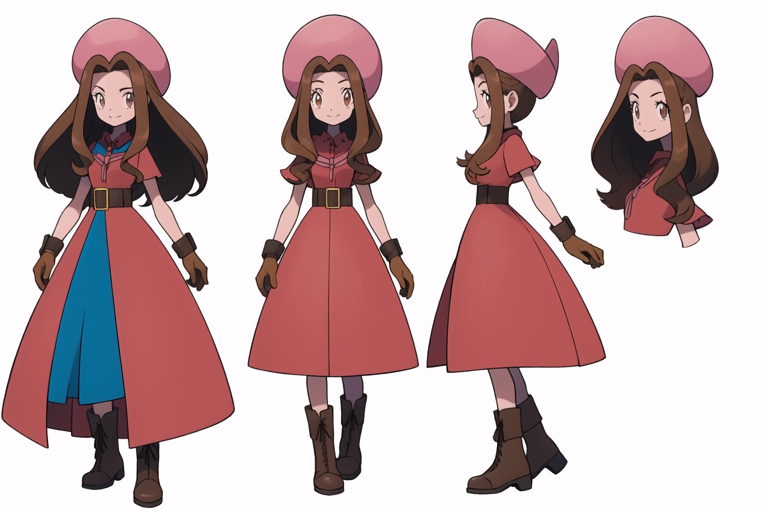 multiple views, model sheet, masterpiece, best quality, facing viewer, sugimori ken \(style\), {big milkers} (full body), 1 girl, {{{ cowgirl hat, pink dress, ruffle dress with string strips, leather belt, women's boots, leather gloves, cactis pokemon}}}, mom and daughter, 1 girl, {White background} <<big milkers>> ,Tachikawa Mimi