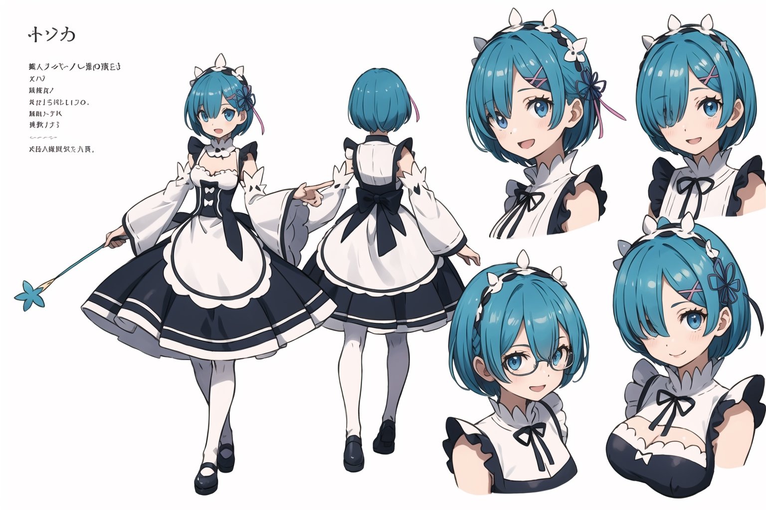 multiple views, Model sheet, masterpiece, best quality, looking at viewer, sugimori ken \(style\), {big milkers} (full body), 1girl,  {{{  roswaal mansion maid uniform, rem (re:zero), breasts, blue hair,Shiny smile, solo, hair over one eye, blue eyes, short hair, maid, cleavage, hair ornament, x hair ornament, (jumping),rises both legs,looking at viewer, detached sleeves, smile, open mouth, ribbon, pink ribbon, hair ribbon }}}, semi-nude, mom and daughter, 1girl, {White background} <<big milkers>> SMAce, masterpiece, best quality, , masterpiece, {{illustration}}, {best quality}, {{hi res}},tashigi,glasses,AGE REGRESSION