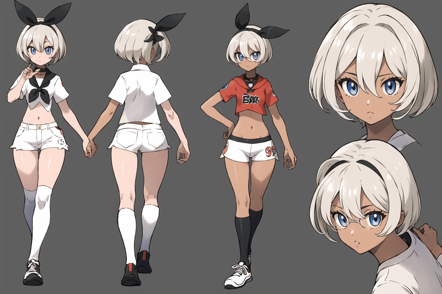 multiple views, Model sheet, masterpiece, best quality, looking at viewer, sugimori ken \(style\), {big milkers} (full body), 1girl,  {{{ pokemonbea, pokemonbea-lora-nochekaiser, pokemonbea, blue eyes, dark skin, dark skinned woman, gray hair, hair between eyes, short hair, ribbon, hairband, headband, black ribbon, black headband, BREAK monkey, navel covered, shorts, simple glove, glove, crop top, white crop top, short sleeves, collar, white shorts,BREAK inside, dojo,BREAK looking at viewer, (jean photo: 1.5),BREAK < GoodHands -beta, (masterpiece:1.2), best quality, high resolution, unity 8k wallpaper, (artwork:0.8), (beautiful detailed eyes:1.6), extremely detailed face, perfect lighting, CG extremely detailed, (perfect hands, perfect anatomy), }}}, semi-nude, mom and daughter, 1girl, {White background} <<big milkers>> SMAce, masterpiece, best quality, , masterpiece, {{illustration}}, {best quality}, {{hi res}},tashigi,glasses,AGE REGRESSION,kinomoto sakura,Cardcaptor_Sakura,Bianca