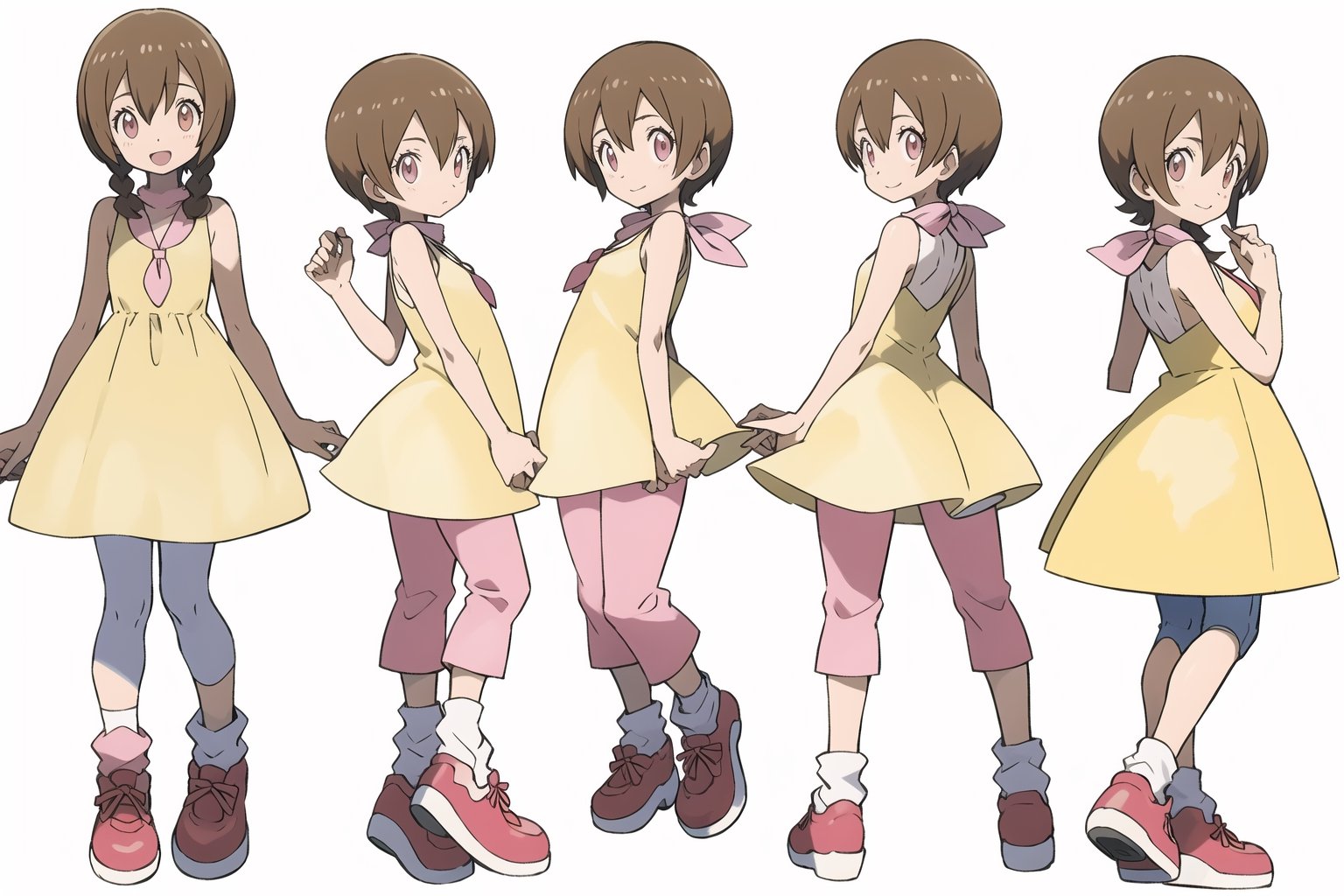 multiple views, model sheet, masterpiece, best quality, facing viewer, sugimori ken \(style\), {big milkers} (full body), 1 girl, {{{yellow dress,pink pants,happy,}}}, mom and daughter, 1 girl, {White background} <<big milkers>> ,takenouchi sora,HikariDigi