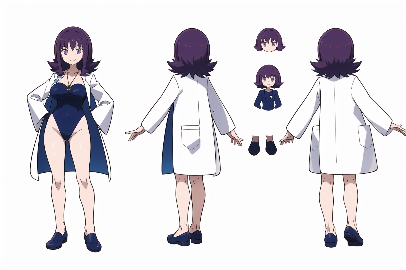 multiple views, Model sheet, masterpiece, best quality, looking at viewer, sugimori ken \(style\), {big milkers} (full body), 1girl,  {{{masterpiece, best quality, profivy-nvwls-v1, profivy, purple hair, labcoat, necklace, looking at viewer, large breasts, smile, one-piece swimsuit }}}, semi-nude, mom and daughter, 1girl, {White background} <<big milkers>> SMAce, masterpiece, best quality, , masterpiece, {{illustration}}, {best quality}, {{hi res}},Kanna Kamui 



,profIvy