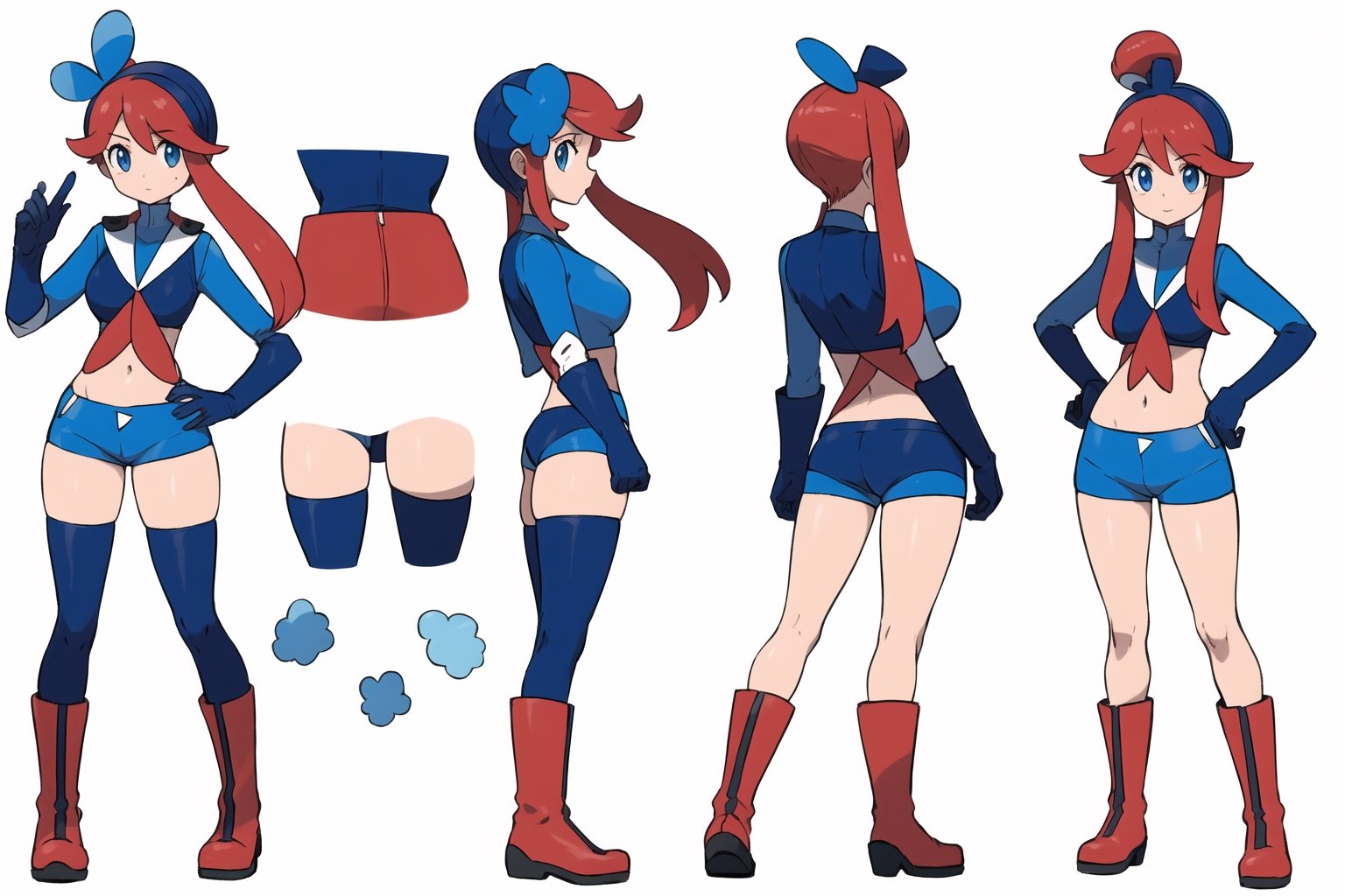 multiple views, Model sheet, masterpiece, best quality, looking at viewer, sugimori ken \(style\), {big milkers} (full body), 1girl,  {{{(pokemonskyla, blue eyes, hair ornament, one side up, red hair, short hair with long locks, sidelocks,BREAK blue footwear, blue gloves, blue jacket, blue shorts, boots, crop top, cropped jacket, gloves, jacket, midriff, navel, short shorts, shorts, thigh pouch}}}, semi-nude, mom and daughter, 1girl, {White background} <<big milkers>> SMAce, masterpiece, best quality, , masterpiece, {{illustration}}, {best quality}, {{hi res}},Kanna Kamui 



